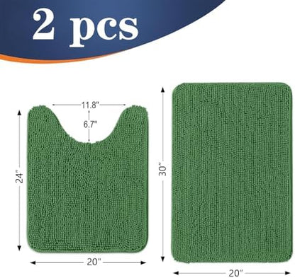 OLANLY Chenille Bathroom Rugs Sets 2 Piece, 30"x20"+24"x20", Olive Green