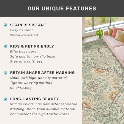 Hazo Haus Washable Living Room Rug 7x10 - Sage Floral Rugs for Bedroom, Vintage Bird Patterned Dining Room Kitchen Table Rug for Under Table, Stain Resistant Non-Slip