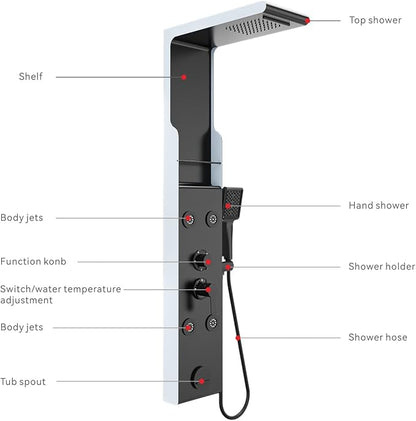 ELLO&ALLO Shower Panel Tower System with Shelf, Rainfall Shower Head and Rain Massage System with Body Jets, Stainless Steel Bathroom Fixtures, Matte Black&Slive