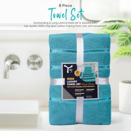 Luxury Towel Sets for Bathroom Set of 8-600 GSM 100% Cotton Ring Spun, Viscose Border Towels Bathroom Sets - Turquoise