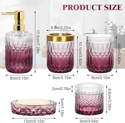 Bathroom Accessories Set, 5Pcs Bathroom Soap Dispenser Set, Glass Bathroom Accessories with Glass Soap Dispenser, Soap Dish, Toothbrush Holder, Tumbler, Cotton Swab Jar (Clear & Red)