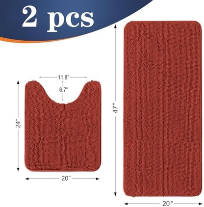 OLANLY Chenille Bathroom Rugs Mats Sets 2 Piece, 47"x20"+24"x20", Red