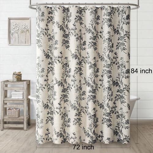 Black Floral Shower Curtain,Vintage Linen Beige Cottagecore Shower Curtains for Bathroom, 72" W x 84" L