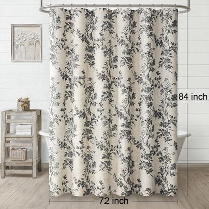 Black Floral Shower Curtain,Vintage Linen Beige Cottagecore Shower Curtains for Bathroom, 72" W x 84" L