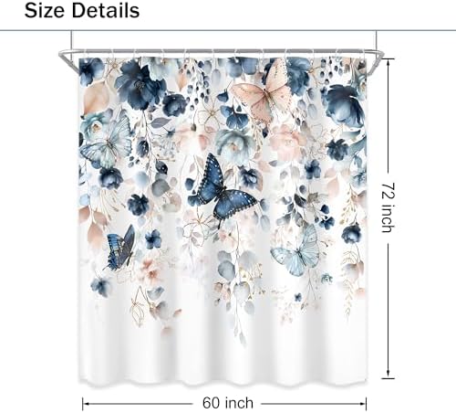 Blue Pink Floral Butterfly Spring Summer Bathroom Shower Curtain Set