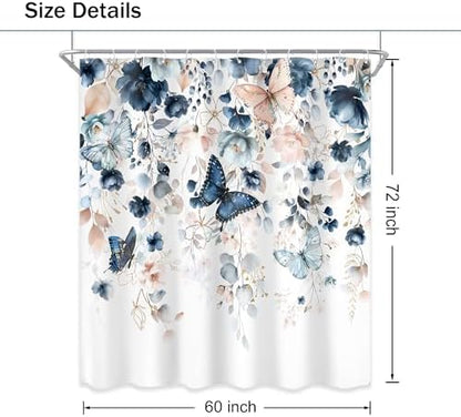 Blue Pink Floral Butterfly Spring Summer Bathroom Shower Curtain Set