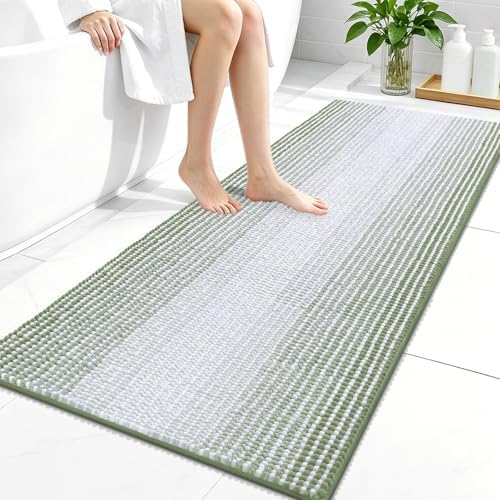 OLANLY Bathroom Runner Rugs 47x24, Chenille Striped Bath Rugs, Sage Green