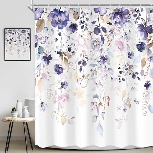 Floral Purple Pink Leaf Rustic Girly Bathroom Shower Curtain Set