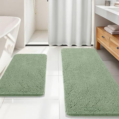 OLANLY Chenille Bathroom Rugs Mats Set 2 Piece, 59"x20"+30"x20", Sage Green