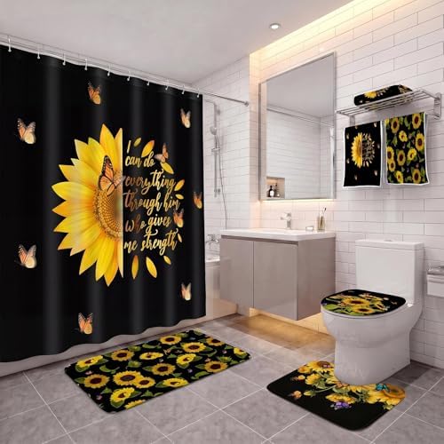 Honoson 8 Pcs Black Yellow Sunflower Shower Curtain Set, Rugs, Bath Mat