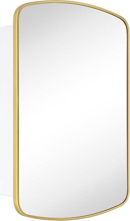Brushed Gold Arched Recessed and Surface Mount Bathroom Medicine Cabinet with Mirror Metal Framed Rectangular Bathroom Cabinet with 3 Tempered Glass Adjustable Shelves 18x27''