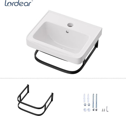 Lordear Wall Mounted Bathroom Sink with Towel Rack 17 x 14 Inch Modern Black Wall Hung Sink for ADA Bathrooms, Rectangular One Hole Porcelain Vanity Sinks