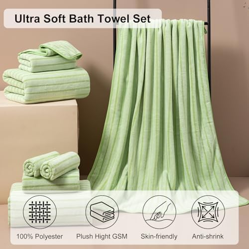 4 Pcs Grass Green Cabana Stripe Large Bath Towels 35"x70" Oversized Bath Sheet Soft Breathable Jumbo Bathroom Towels Highly Absorbent Shower Towel Quick Dry Beach Chair Towel Spa Gym Hotel Towel Set