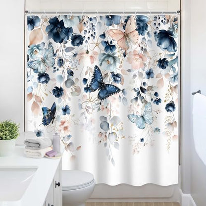 Extra Long Blue Pink Floral Butterfly Bathroom Shower Curtain Set