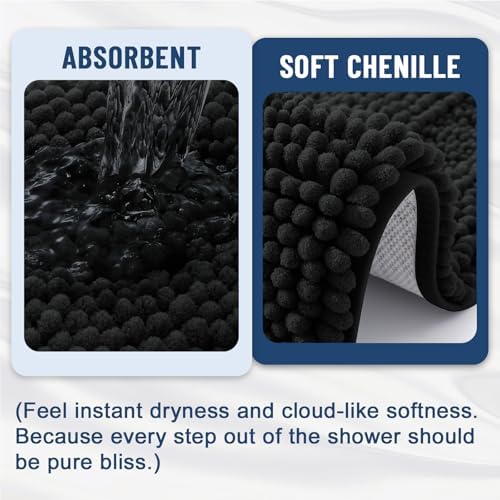 Grandaily Chenille Striped Bathroom Rugs 47x24, Extra Thick and Soft Absorbent Bath Mats, Rubber Backing, Plush Shaggy Shower Carpet, Machine Wash Dry, Bath Rug for Bathroom, Deep Black
