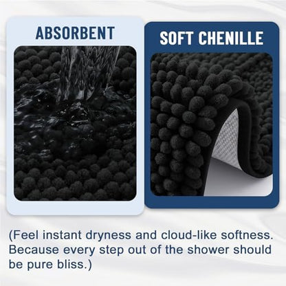 Grandaily Chenille Striped Bathroom Rugs 47x32, Extra Thick and Soft Absorbent Bath Mats, Rubber Backing, Plush Shaggy Shower Carpet, Machine Wash Dry, Bath Rug for Bathroom, Deep Black