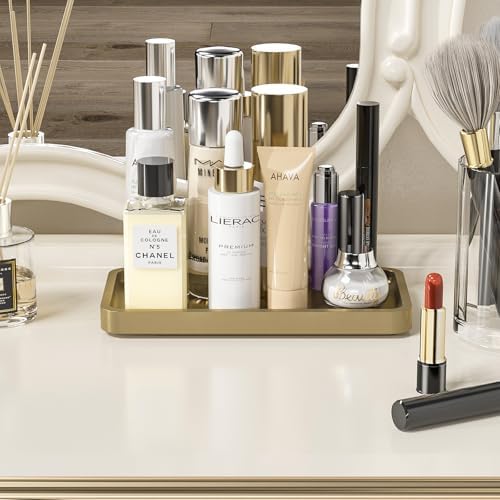 Weenson Gold Bathroom Vanity Tray for Countertop Makeup Perfume Jewelry Decor Candle Keys, Bamboo Kitchen Tray for Soap Dispenser Spice, Small Toilet Tray Nightstand 7.9" L x 4" W x 0.79" H