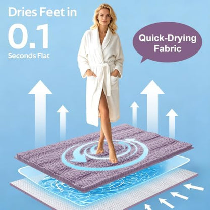 ACCUMTEK Striped Lavender Bathroom Rug Set 3 Pieces Ultra Soft, Non Slip Chenille Toilet Mat, Absorbent Plush Shaggy Bath Mats for Bathroom, Bedroom, Kitchen, Mauve