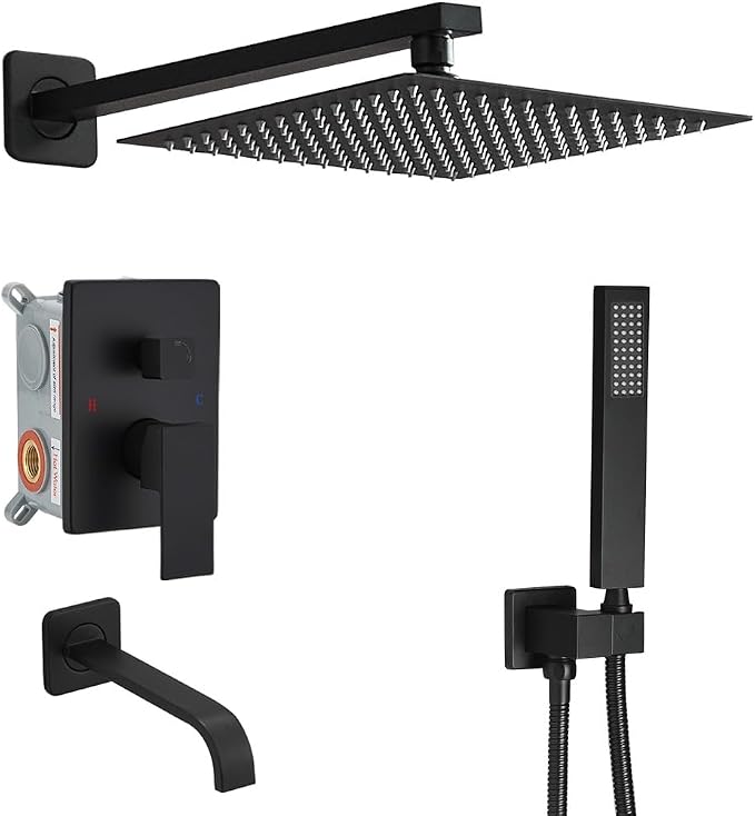 Matte Black Rain Shower System Tub Shower Faucet Set 12 Inch Square Rainfall Shower Head with Handheld Sprayer and Tub Spout Rough-in Valve Shower Mixer Combo Kit