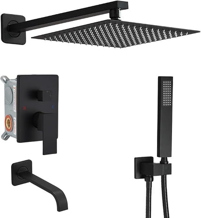 Matte Black Rain Shower System Tub Shower Faucet Set 12 Inch Square Rainfall Shower Head with Handheld Sprayer and Tub Spout Rough-in Valve Shower Mixer Combo Kit