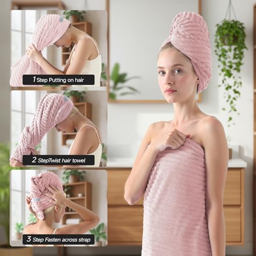 REDKISS Pink Microfiber Bath Towels Set 6 Piece - 70x35 Inches Bathroom Towels of 6 Large, Oversized Bath Towel with 2 Hair Towel Wrap, Highly Absorbent Soft Shower Towels for Bathroom, Hotel, Gym