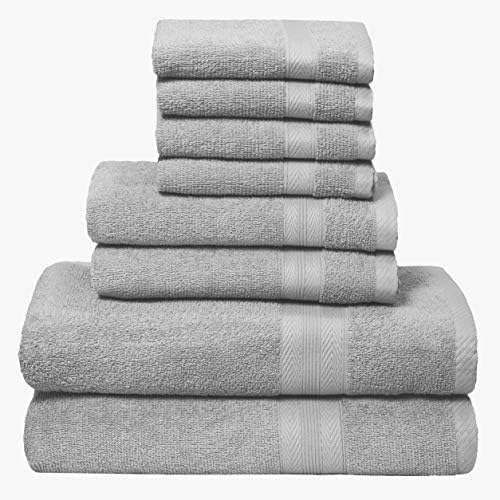 BOUTIQUO Light Grey Towel Set - 8 Piece Bathroom Towel Set - 100% Ring Spun Cotton, 2 Bath Towel 27x54, 2 Hand Towel 16x28, 4 Washcloth 13x13 - Ultra Soft Highly Absorbent