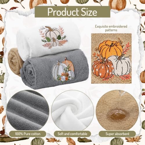 FuWeave 3 Pcs Gray Brown Fall Pumpkin Hand Towels for Bathroom
