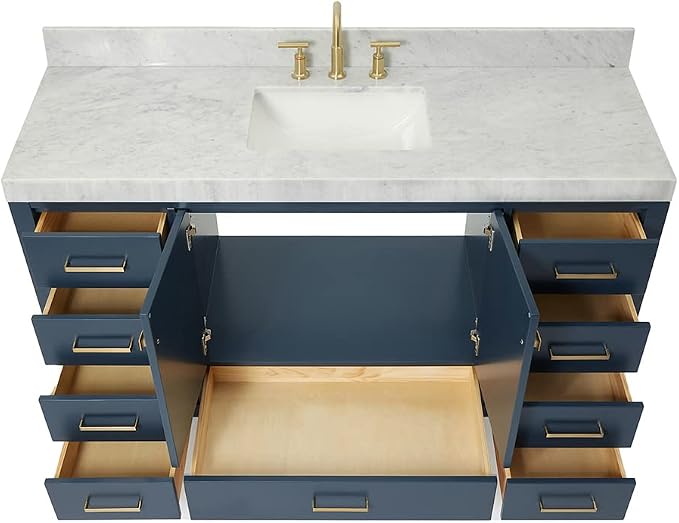 ARIEL Cambridge 60-inch Bathroom Vanity with Sink,Solid Wood, 2-inch Italian Carrara Marble Countertop, Single Rectangular Porcelain Sink, 2 Soft Closing Doors, 9 Dovetail Drawers, Midnight Blue