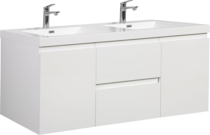 Floating Bathroom Vanity with Double Sinks, 60" Wall-Mounted Bathroom Storage Vanity Cabinet with Resin Top Basin and Soft Close Drawers, No Assembly Required, Glossy White