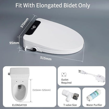 Heated Bidet Toilet Seat Elongated with LED Display & Remote Control - Smart Soft Close Toilet Seat Electric Bidet with Dryer, Warm Water, Feminine Wash, Self-Cleaning Nozzle, IPX4, White