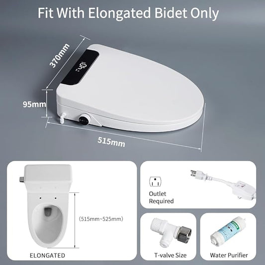 Heated Bidet Toilet Seat Elongated with LED Display & Remote Control - Smart Soft Close Toilet Seat Electric Bidet with Dryer, Warm Water, Feminine Wash, Self-Cleaning Nozzle, IPX4, White