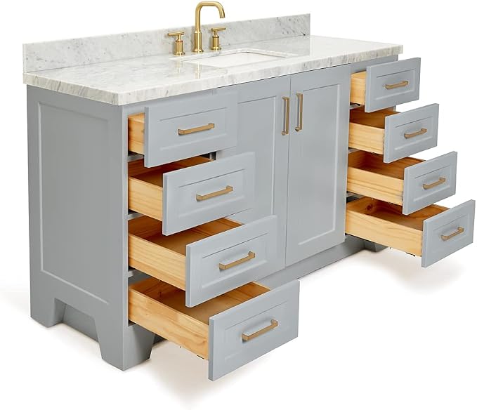 Emilia 60 Inch Bathroom Vanity Single Sink — Grey Bathroom Vanity with Sink, 1.5" Edge Italian Carrara Marble Countertop, Solid Wood, 2 Soft-Close Doors, 9 Dovetail Drawers