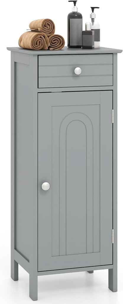 Giantex 34.5" Bathroom Cabinet with Drawer & Single Door (Grey) | Narrow Side Storage Organizer with 6 Shelf Positions, Freestanding Floor Storage Cabinet for Bathroom, Living Room, Entryway