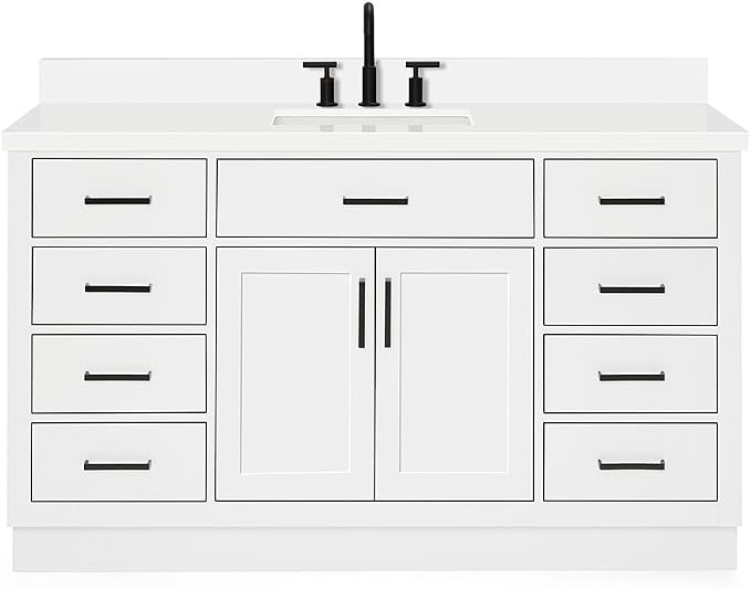 ARIEL Hepburn 60-inch Bathroom Vanity with Sink,Solid Wood, 1.5-inch Pure White Quartz Countertop & Backsplash, Single Rectangular Porcelain Sink, 2 Soft Closing Doors, 9 Dovetail Drawers, White