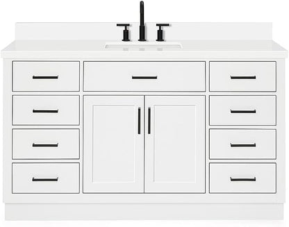 ARIEL Hepburn 60-inch Bathroom Vanity with Sink,Solid Wood, 1.5-inch Pure White Quartz Countertop & Backsplash, Single Rectangular Porcelain Sink, 2 Soft Closing Doors, 9 Dovetail Drawers, White