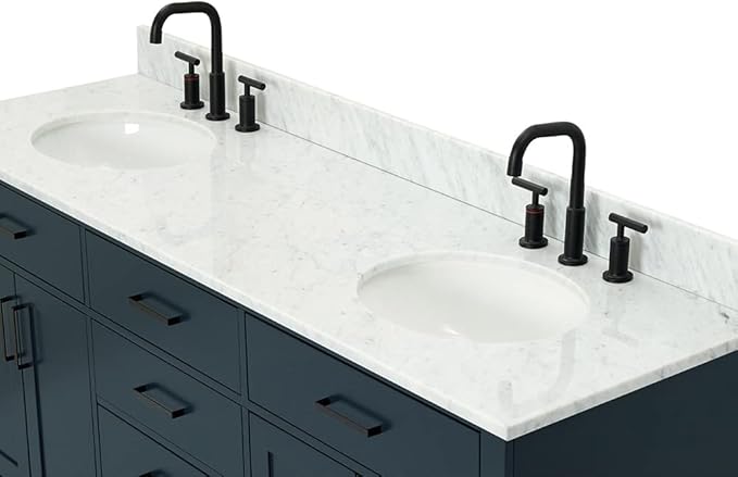 ARIEL Hepburn 72-inch Bathroom Vanity with Sink,Solid Wood, 0.75-inch Italian Carrara Marble Countertop, Double Oval Porcelain Sink, 4 Soft Closing Doors, 6 Dovetail Drawers, Midnight Blue