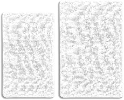 White Bathroom Rugs Sets 2 Piece – Absorbent and Washable Bath Mat, Non-Slip, Thick Soft Chenille Bath Rugs for Bathroom Floor, Shower, Sink - 20" x 32"+24" x 36"