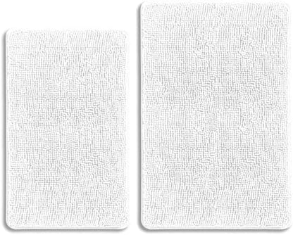 White Bathroom Rugs Sets 2 Piece – Absorbent and Washable Bath Mat, Non-Slip, Thick Soft Chenille Bath Rugs for Bathroom Floor, Shower, Sink - 20" x 32"+24" x 36"