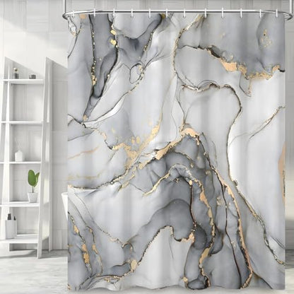 Grey Marble Shower Curtain, Modern Abstract Luxury Grey Gold Ink Texture Watercolor Art Bathroom Curtains Ombre Machine Washable Waterproof Fabric Bathtub Curtain Set with Hooks 60" Wx72 L