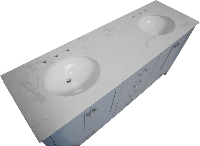 Horizon 72-inch Double Bathroom Vanity (Engineered Carrara/Powder Blue): Includes Powder Blue Cabinet with Engineered Carrara Countertop and White Ceramic Sinks