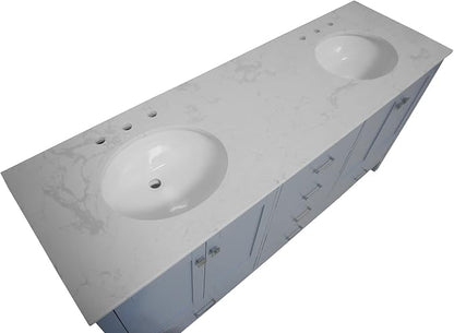Horizon 72-inch Double Bathroom Vanity (Engineered Carrara/Powder Blue): Includes Powder Blue Cabinet with Engineered Carrara Countertop and White Ceramic Sinks