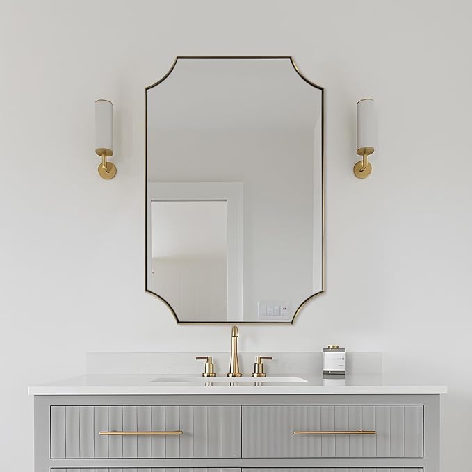 20"x30" Gold Scalloped Mirror, Mirrors for Bathroom, Champagne Bronze Vanity Mirror with Scalloped Corners Design, Rustproof Stainless Steel Thin Frame, Ideal for Narrow Bathroom Remodel
