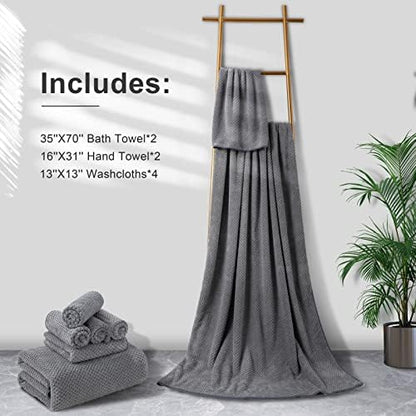 8-Piece Gray Bath Towel Set, 2 Extra Large Bath Towel Sheets, 2 Hand Towels and 4 Washcloths - Highly Absorbent Quick Dry Microfiber,Ultra Soft Towel Set for Bathroom, Waffle Weave Design, Pack of 8