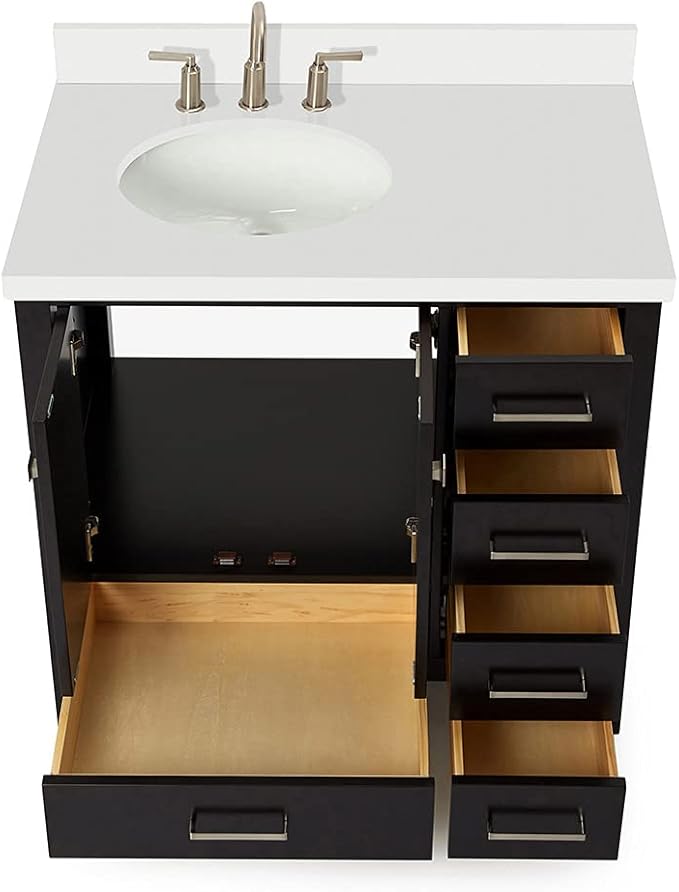 ARIEL Cambridge 36-inch Bathroom Vanity with Sink,Solid Wood, 1.5-inch Pure White Quartz Countertop & Backsplash, Single Oval Porcelain Sink, 2 Soft Closing Doors, 5 Dovetail Drawers, Espresso