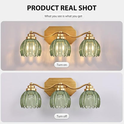 Gold Vanity Light, Vintage Tulip Green Glass Shade, Antique Brass Finish | 3 Light Brushed Gold Bathroom Light Fixtures, Crystal Wall Sconce, Mounted Over Mirror for Bedroom Hallway, Easy to Install