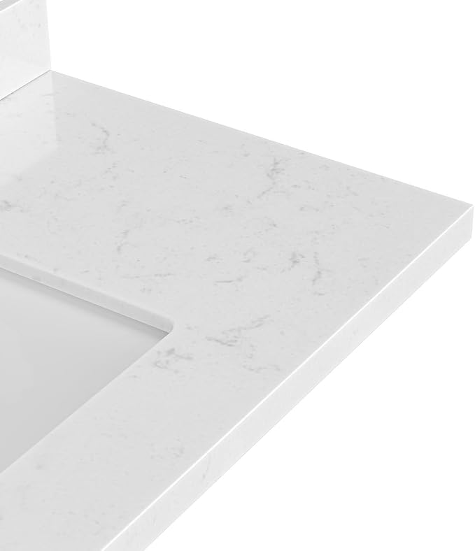 ARIEL 42 inch Bathroom Vanity top with Sink, 1.5 Inch Thick Miter Edge Carrara White Quartz top, Rectangle Single Porcelain Sink, Includes Backsplash