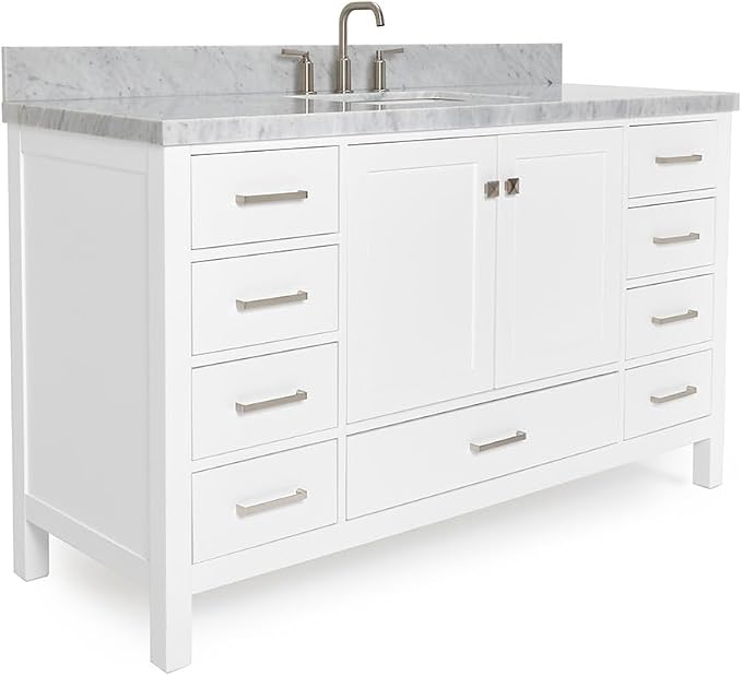 ARIEL Cambridge 60-inch Bathroom Vanity with Sink,Solid Wood, 1.5-inch Italian Carrara Marble Countertop, Single Rectangular Porcelain Sink, 2 Soft Closing Doors, 9 Dovetail Drawers, White