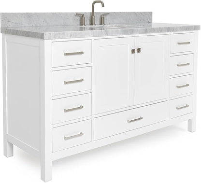 ARIEL Cambridge 60-inch Bathroom Vanity with Sink,Solid Wood, 1.5-inch Italian Carrara Marble Countertop, Single Rectangular Porcelain Sink, 2 Soft Closing Doors, 9 Dovetail Drawers, White