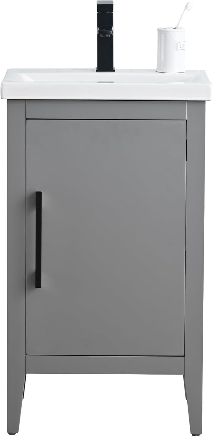 Vanity Art 20 inch Bathroom Vanity with Single Sink & Ceramic Top, Vanity Cabinet with Soft-Closing Doors, Solid Wood Frame, Cashmere Gray, VA9020-G-MB1