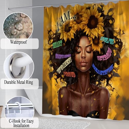 4 Pcs Sunflower Black Girl Shower Curtain Sets, Inspirational Words African Queen Bathroom Sets with Shower Curtain and Rugs Toilet Lid Cover Bath Mat, Soft Fabric Shower Curtains with Hooks